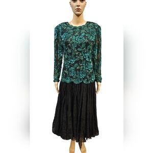 vintage Oleg Cassini women's green black silk beaded layered formal dress M